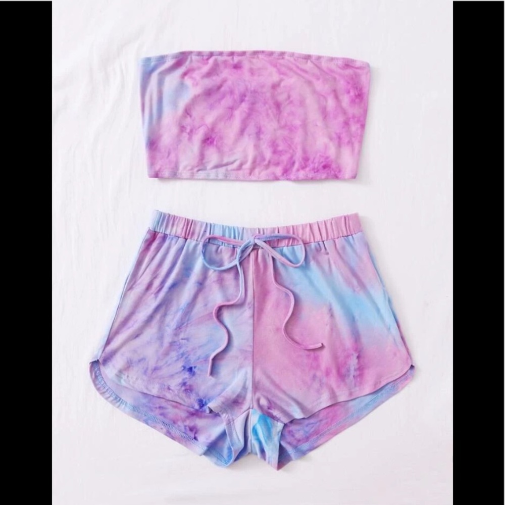 Tie Dye Bandeau Elastic Trim Top & Sport Short Set